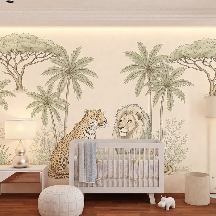 Behang kinderkamer | Leeuwen en luipaarden in een rustgevende jungle