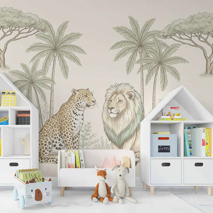 Behang kinderkamer | Leeuwen en luipaarden in een rustgevende jungle