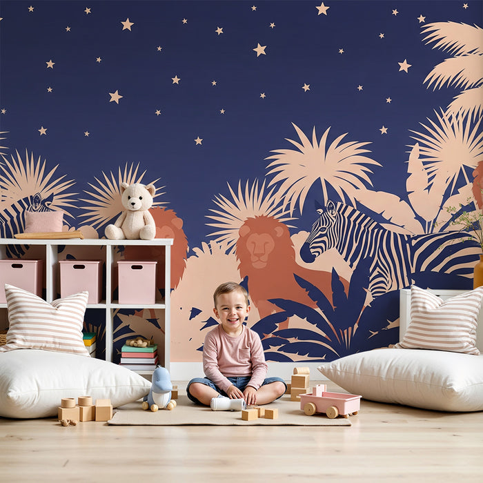 Papier peint chambre enfant | Lions et zèbres sous les étoiles