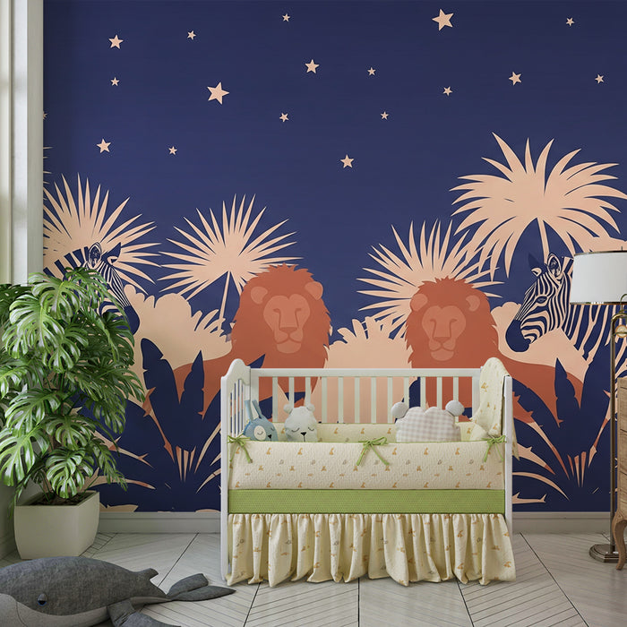 Papier peint chambre enfant | Lions et zèbres sous les étoiles