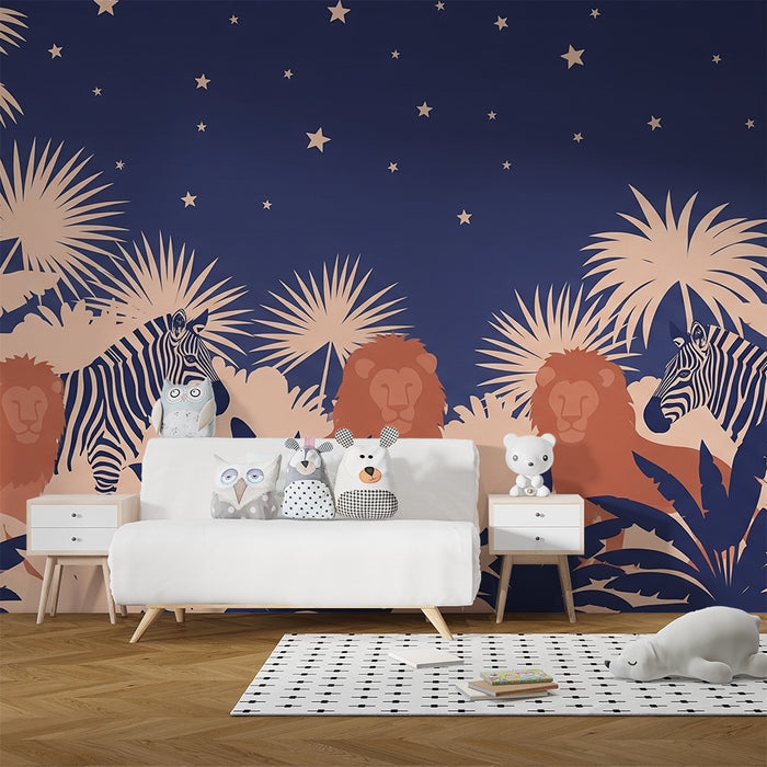Papier peint chambre enfant | Lions et zèbres sous les étoiles