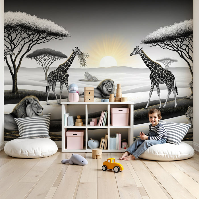 Papel de parede criança | Мажестични лъвове и жирафи в африкански пейзаж в черно и бяло