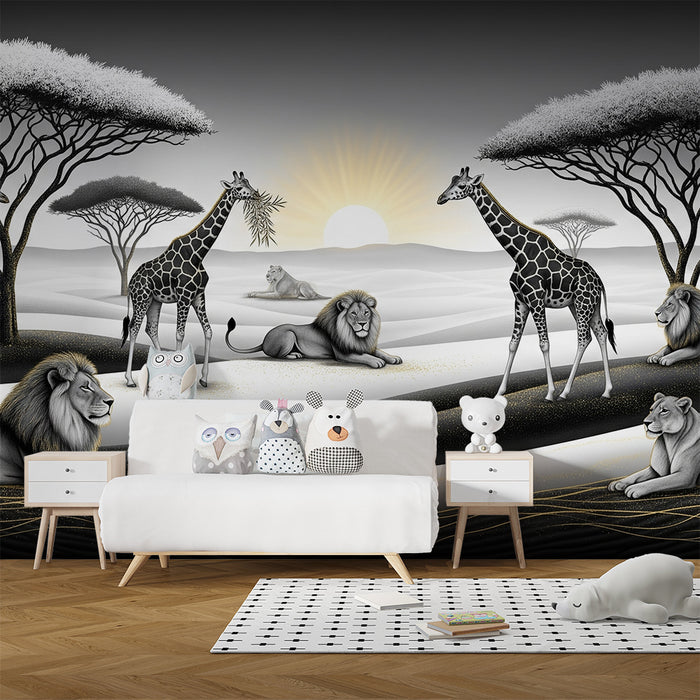 Papel de parede criança | Мажестични лъвове и жирафи в африкански пейзаж в черно и бяло
