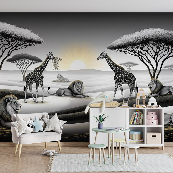 Papel de parede criança | Мажестични лъвове и жирафи в африкански пейзаж в черно и бяло