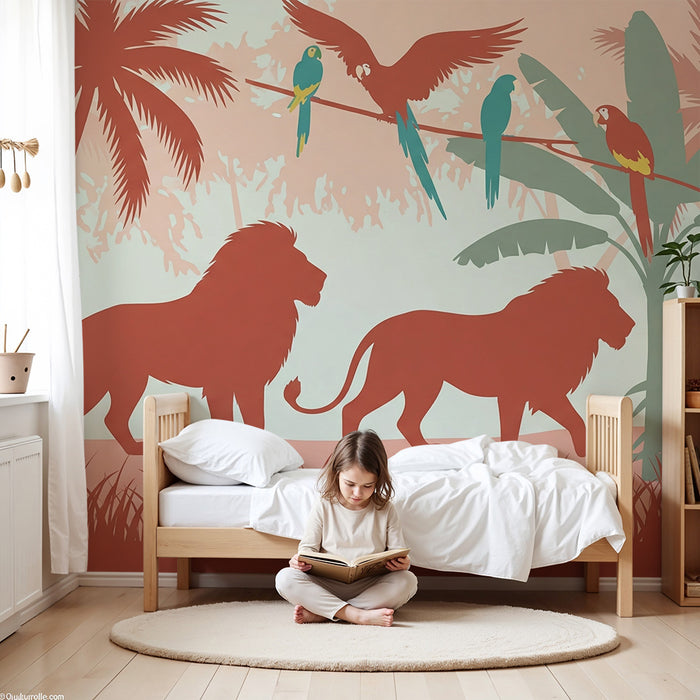 Børneværelse tapet | Majestætiske løver og farverig jungle
