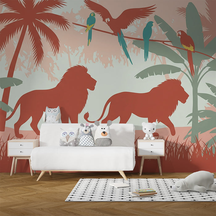 Børneværelse tapet | Majestætiske løver og farverig jungle
