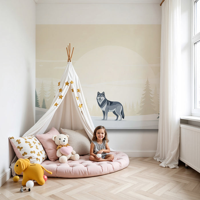 **Tapete Kinderzimmer | Wolf in winterlicher Landschaft**