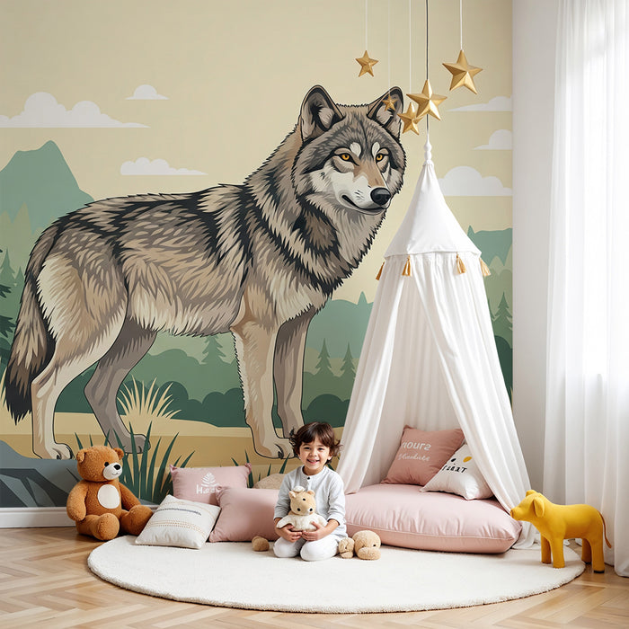 Papier peint chambre enfant | Loup dans un décor naturel