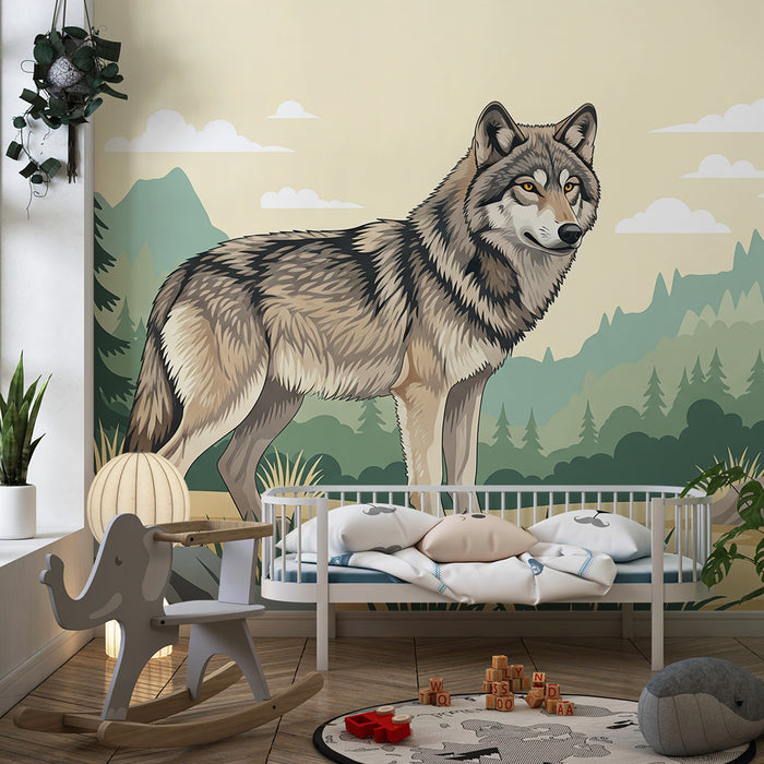 Papier peint chambre enfant | Loup dans un décor naturel