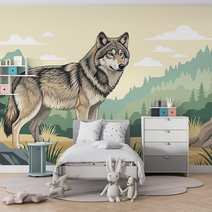 Papier peint chambre enfant | Loup dans un décor naturel