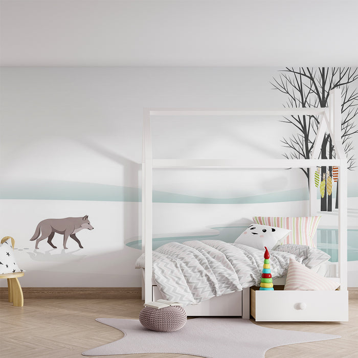 Behang voor de kinderkamer | Wolf in een rustig winterlandschap