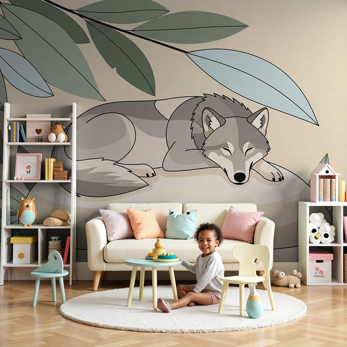 Children's bedroom wallpaper | Sleeping wolf surrounded by calming foliage