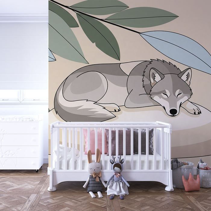 Children's bedroom wallpaper | Sleeping wolf surrounded by calming foliage