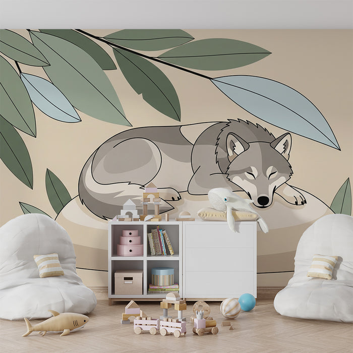 Children's bedroom wallpaper | Sleeping wolf surrounded by calming foliage