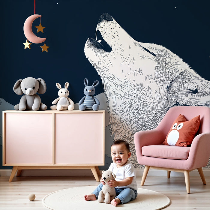 Papier peint chambre enfant | Loup hurlant sous les étoiles