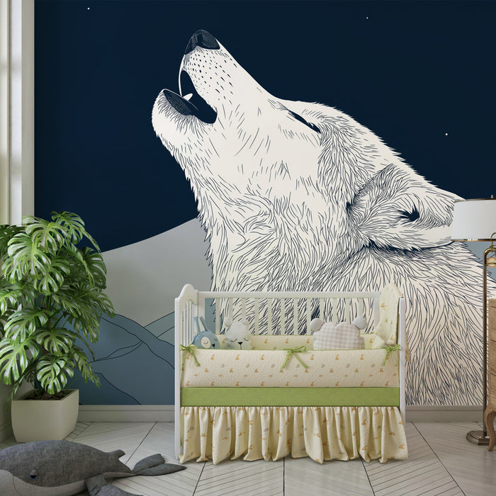 Papier peint chambre enfant | Loup hurlant sous les étoiles