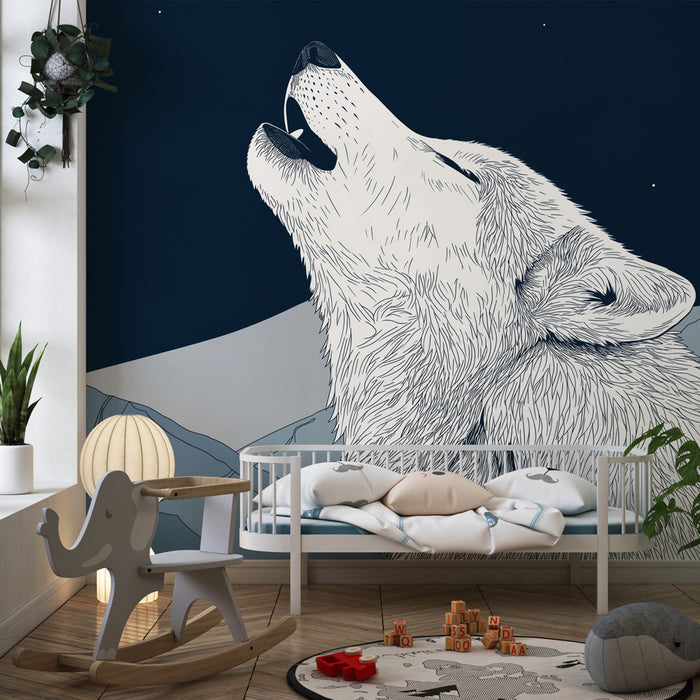 Papier peint chambre enfant | Loup hurlant sous les étoiles