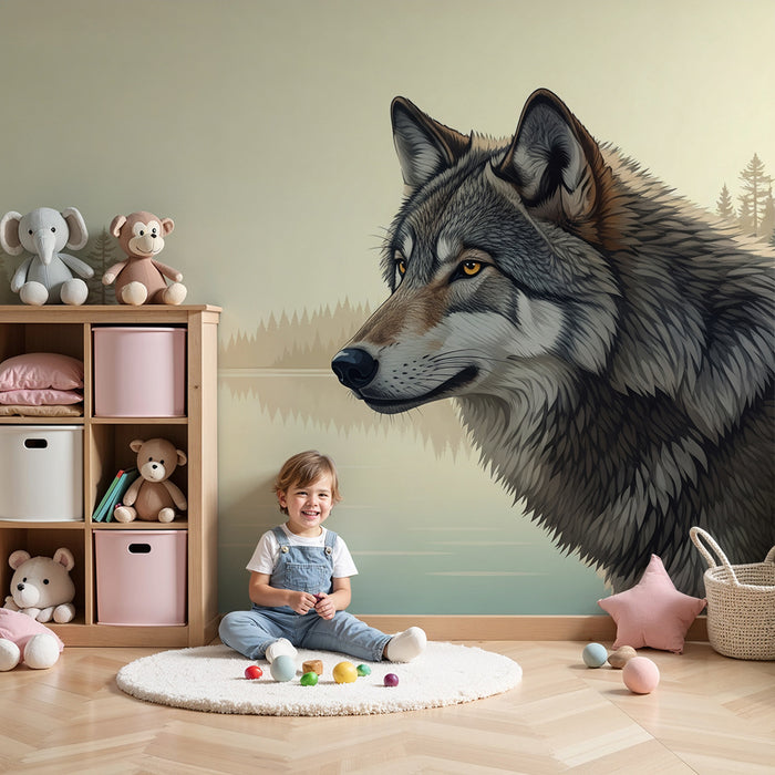 Kinderzimmer-Tapete | Majestätischer Wolf am friedlichen See