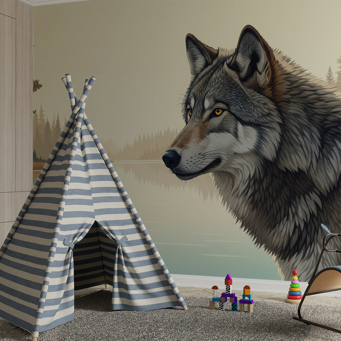 Kinderzimmer-Tapete | Majestätischer Wolf am friedlichen See