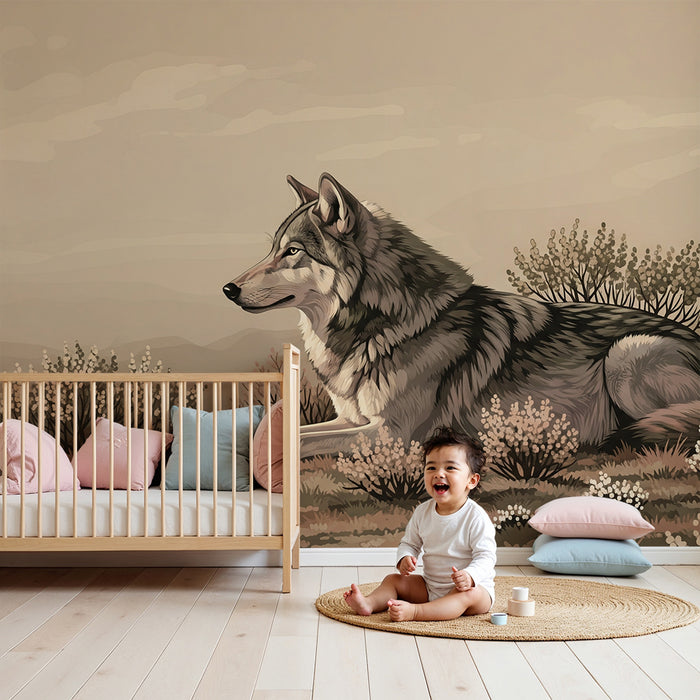 Papier peint chambre enfant | Loup majestueux dans un paysage naturel apaisant