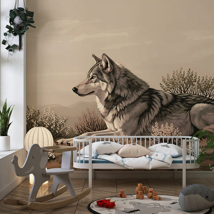 Papier peint chambre enfant | Loup majestueux dans un paysage naturel apaisant