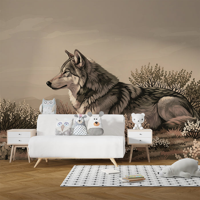 Papier peint chambre enfant | Loup majestueux dans un paysage naturel apaisant