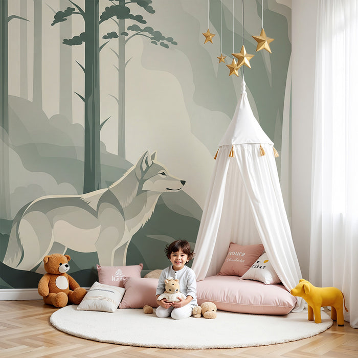 Kids' Room Wallpaper | Majestic Wolf in Front of a Waterfall in a Misty Forest