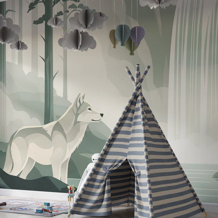Kids' Room Wallpaper | Majestic Wolf in Front of a Waterfall in a Misty Forest