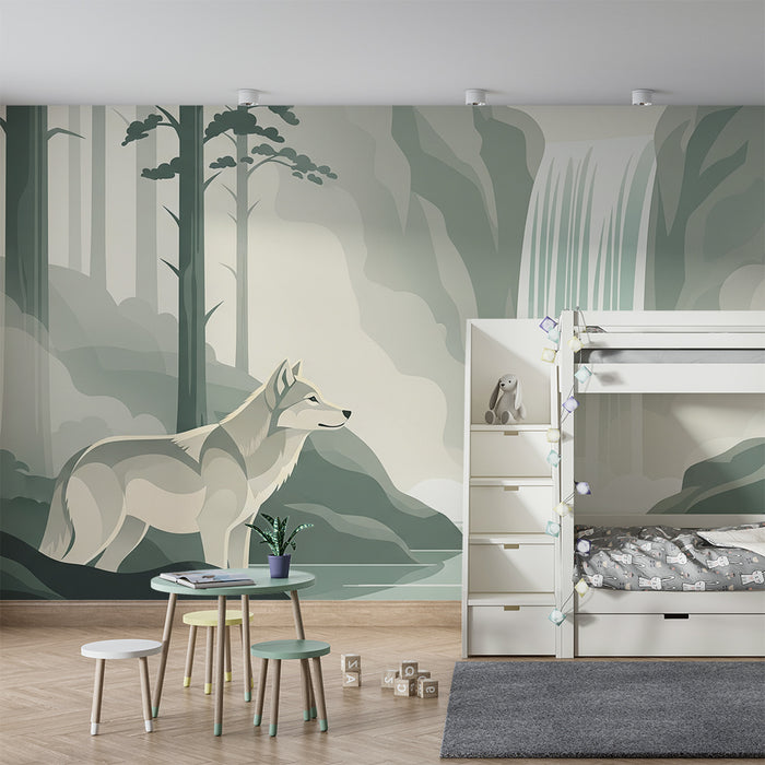 Kids' Room Wallpaper | Majestic Wolf in Front of a Waterfall in a Misty Forest
