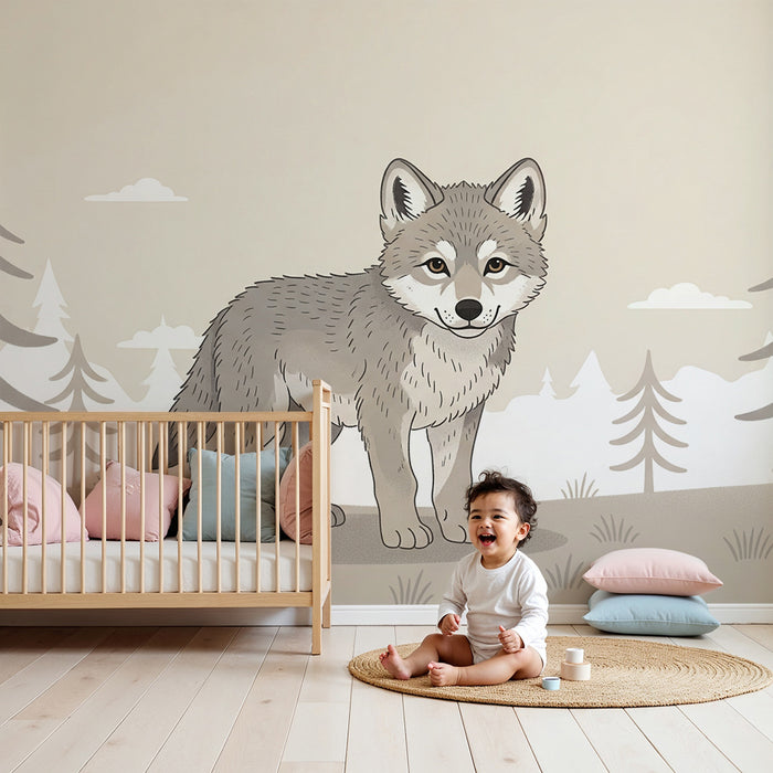 Kinderzimmer Tapete | Niedlicher Wolf in einer beruhigenden Waldlandschaft