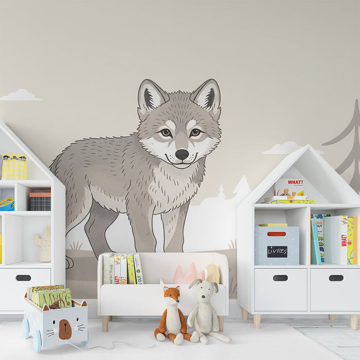 Kinderzimmer Tapete | Niedlicher Wolf in einer beruhigenden Waldlandschaft