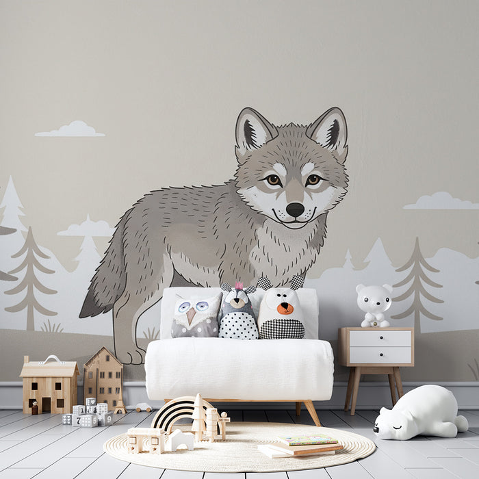 Kinderzimmer Tapete | Niedlicher Wolf in einer beruhigenden Waldlandschaft