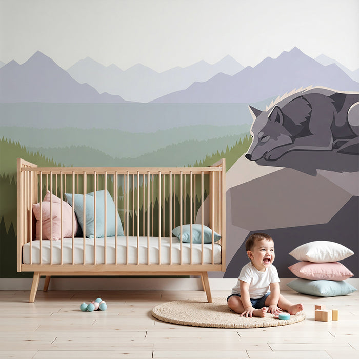 Behang kinderkamer | Rustige wolf op rots met berglandschap