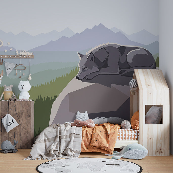 Behang kinderkamer | Rustige wolf op rots met berglandschap