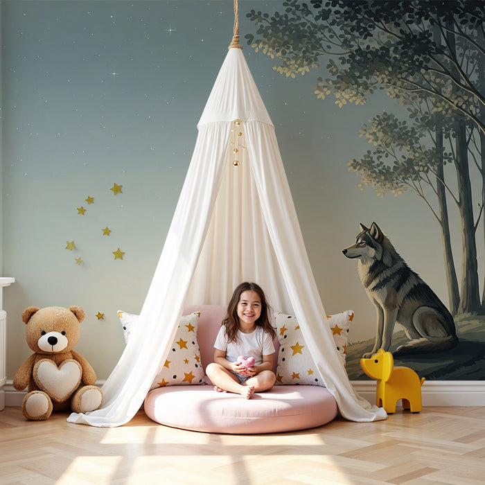 Kinderzimmer-Tapete | Wolf unter dem Sternenhimmel