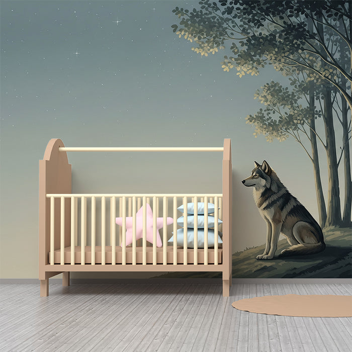 Kinderzimmer-Tapete | Wolf unter dem Sternenhimmel