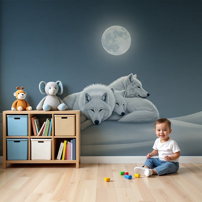 Children's bedroom wallpaper | White wolves under the moon in a snowy landscape