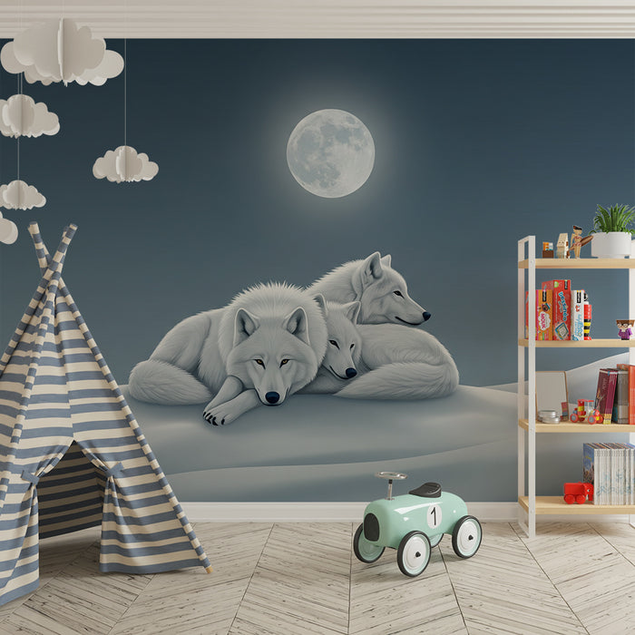 Children's bedroom wallpaper | White wolves under the moon in a snowy landscape