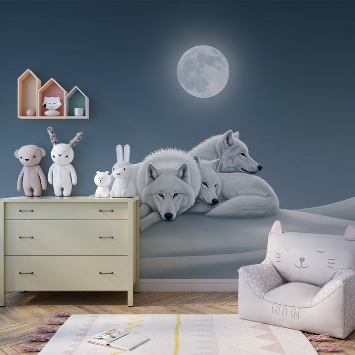 Children's bedroom wallpaper | White wolves under the moon in a snowy landscape