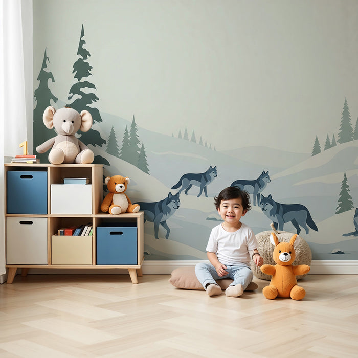 Tapete Kinderzimmer | Wölfe in verschneiter Winterlandschaft mit Tannen