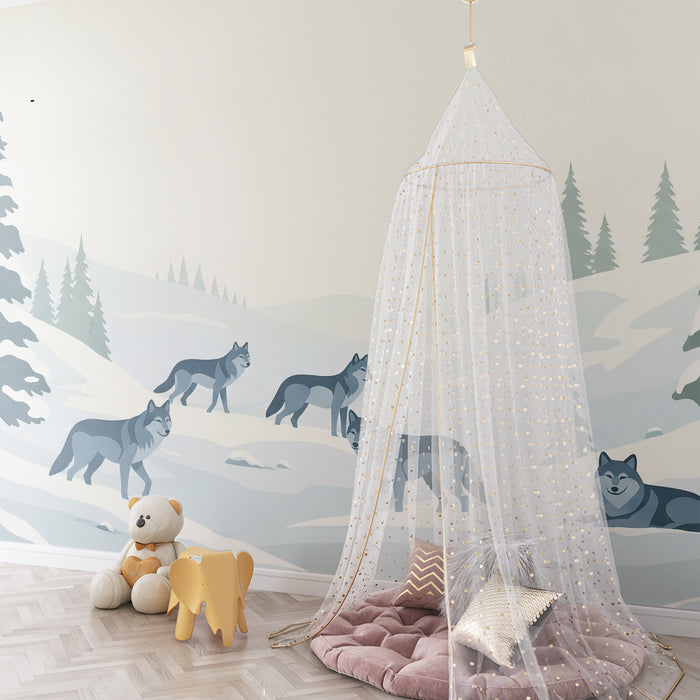 Tapete Kinderzimmer | Wölfe in verschneiter Winterlandschaft mit Tannen