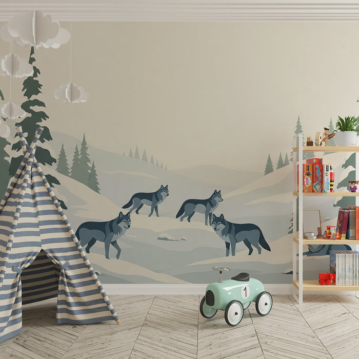Tapete Kinderzimmer | Wölfe in verschneiter Winterlandschaft mit Tannen
