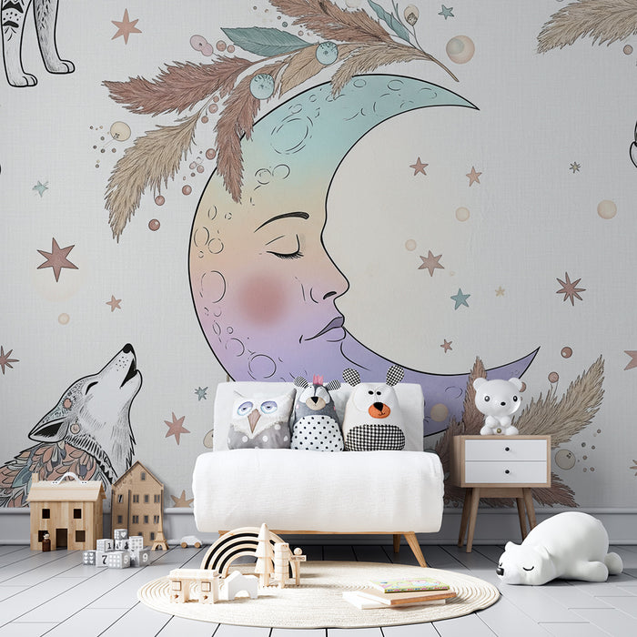 Kinderzimmer Tapete | Heulende Wölfe und träumender Mond in einer sternenklaren Umgebung