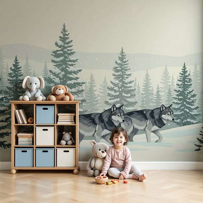 Papier peint chambre enfant | Loups majestueux dans un paysage enneigé