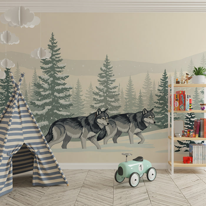 Papier peint chambre enfant | Loups majestueux dans un paysage enneigé