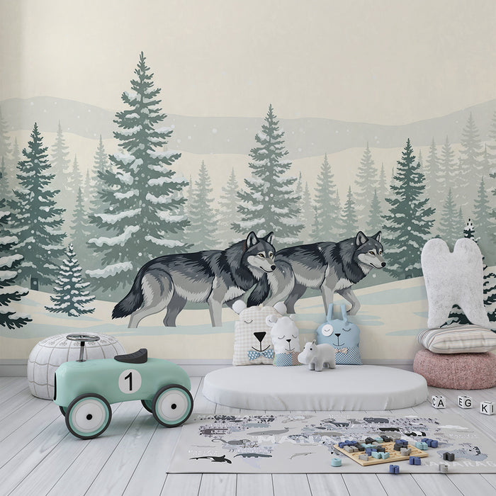 Papier peint chambre enfant | Loups majestueux dans un paysage enneigé