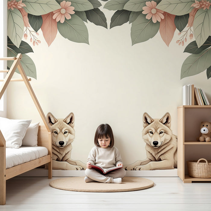 Papel pintado infantil | Lobos majestuosos rodeados de flores y follaje