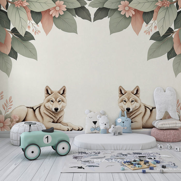 Papel pintado infantil | Lobos majestuosos rodeados de flores y follaje