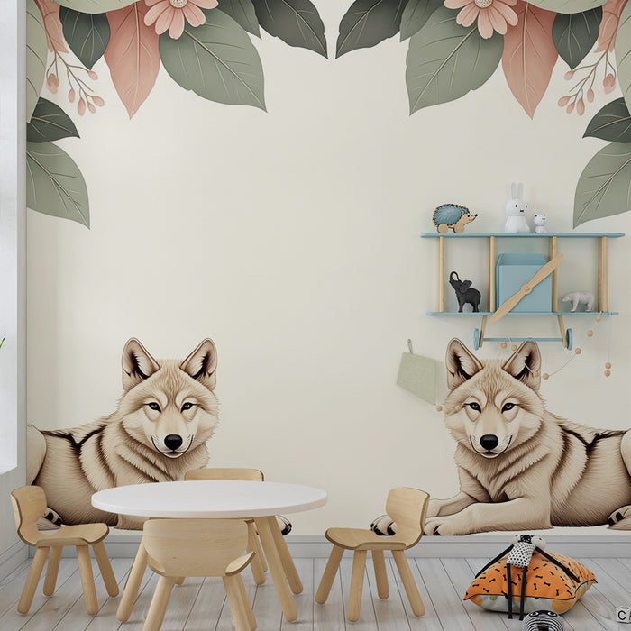 Papel pintado infantil | Lobos majestuosos rodeados de flores y follaje