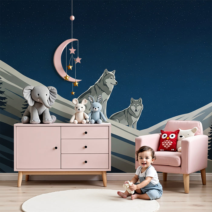Kids' Room Wallpaper | Majestic Wolves Under a Starry Sky